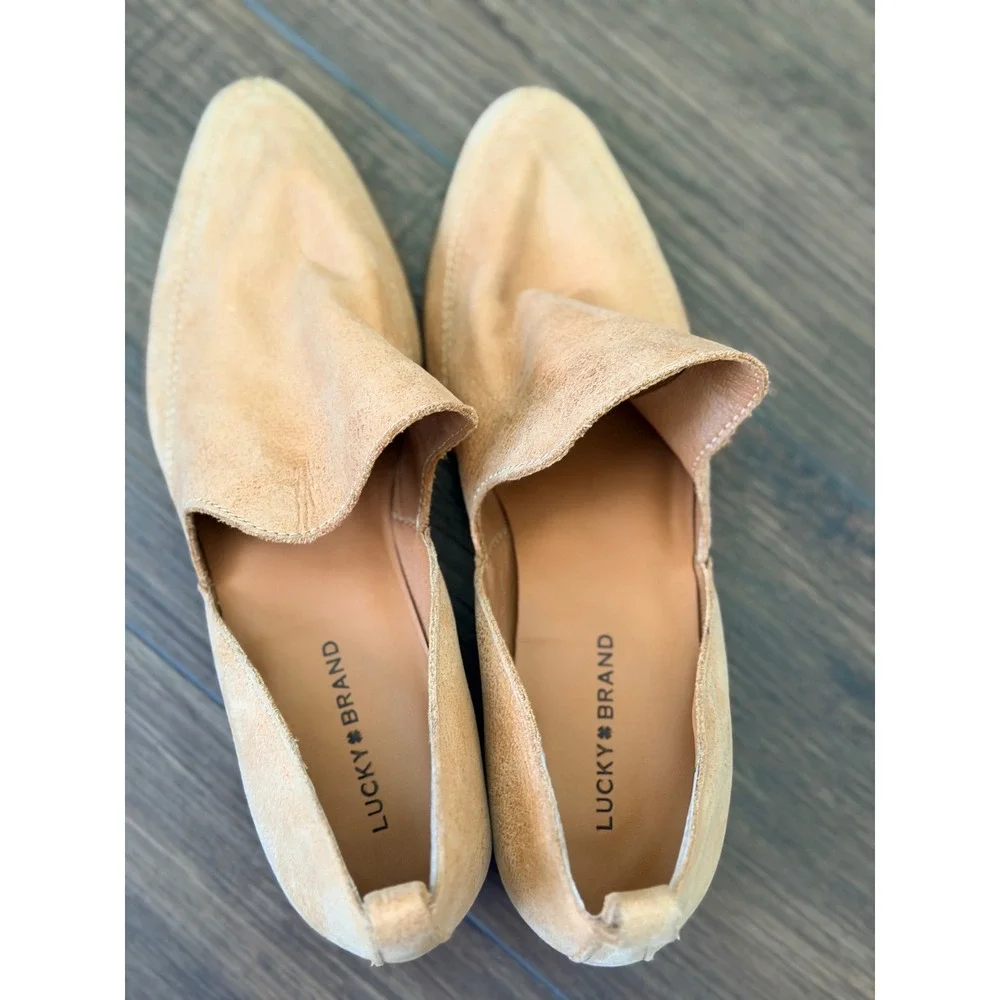 Lucky Brand Mahzan Womens Loafer Tan Leather Slip On Pointed Toe Block Heel 7.5M